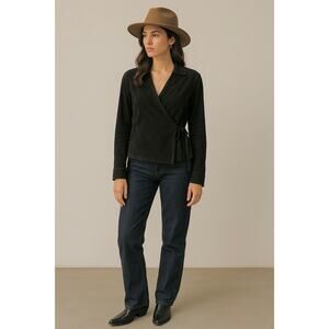 Vintage Y2K Ralph Lauren Suede Leather Wrap Long Sleeve Top Black Medium